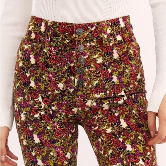 Free People Sun Chaser Floral Cream High Rise Button Fly Corduroy Retro Pants 25 - Picture 3 of 16